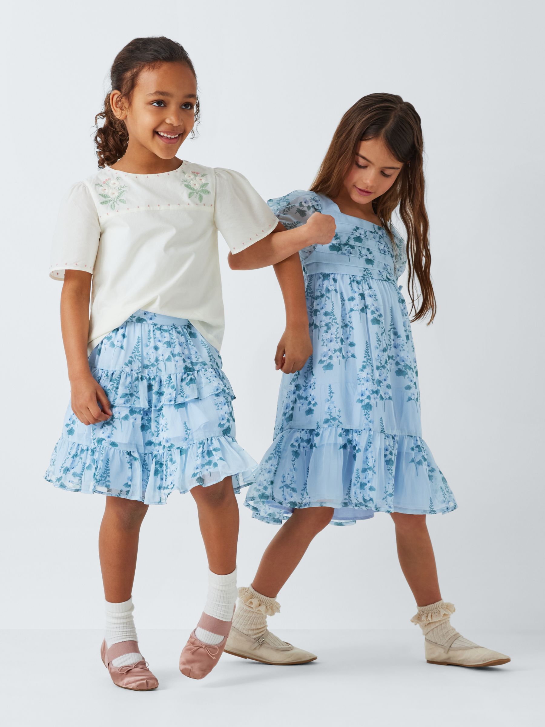 John Lewis Heirloom Collection Kids' Chiffon Floral Dress, Blue, 9 years