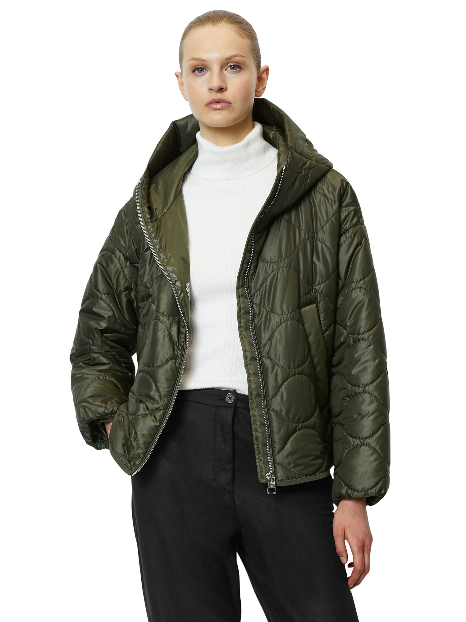 Marc O'Polo Hooded Cape Style Quilt Jacket, Olive at John Lewis & Partners