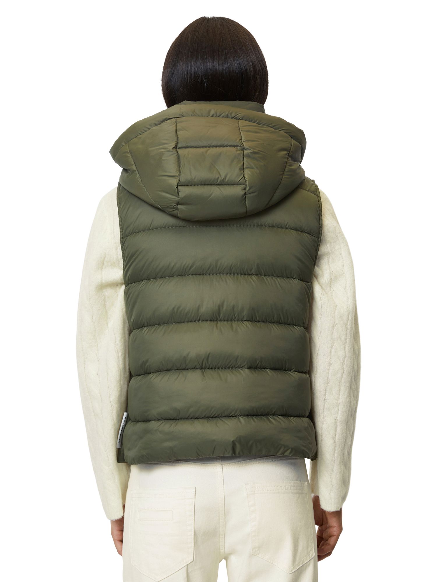 Marc O'Polo Hooded Puffer Quilt Gilet, Olive Crop at John Lewis & Partners
