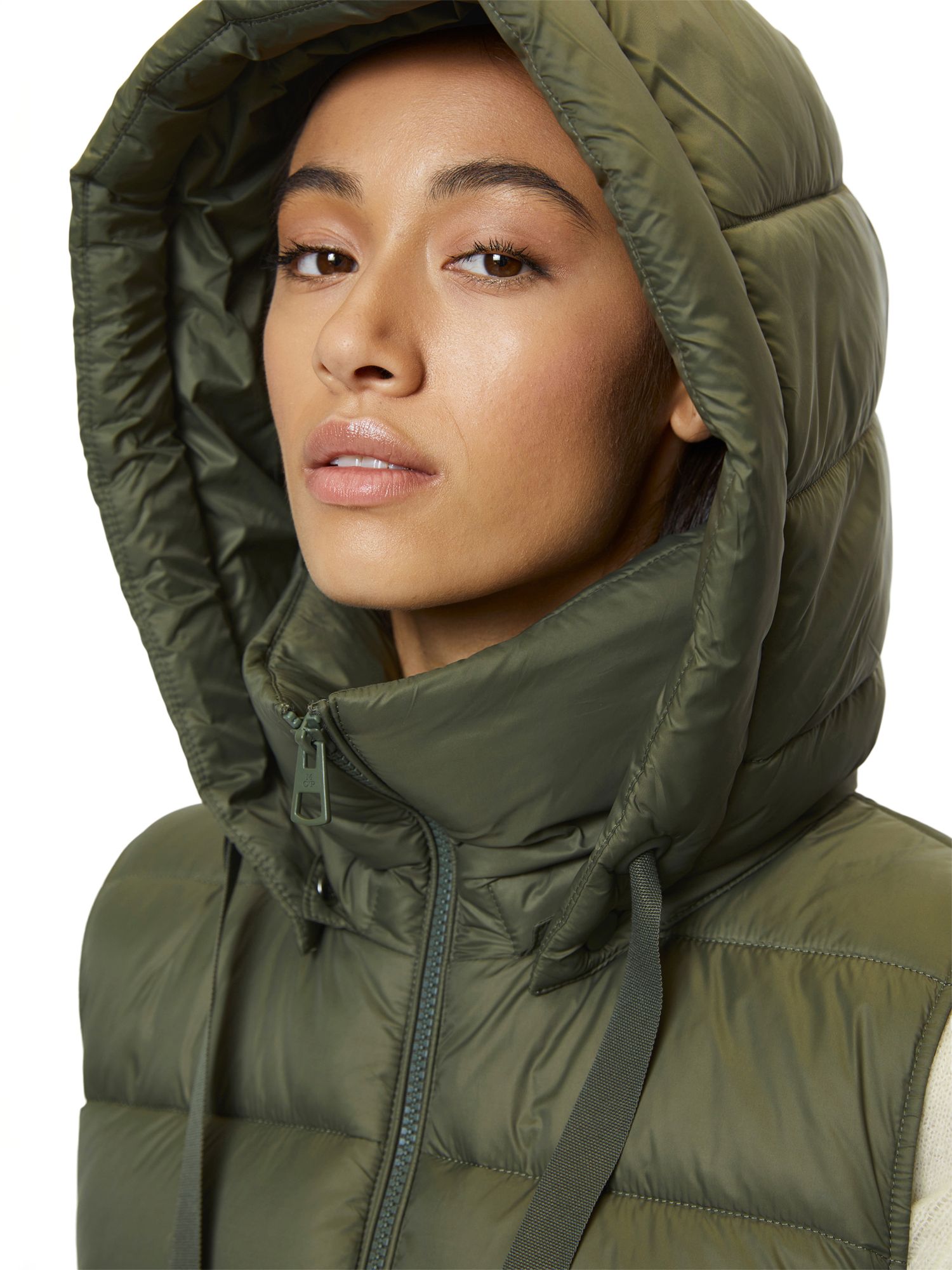 Marc O'Polo Hooded Puffer Quilt Gilet, Olive Crop at John Lewis & Partners