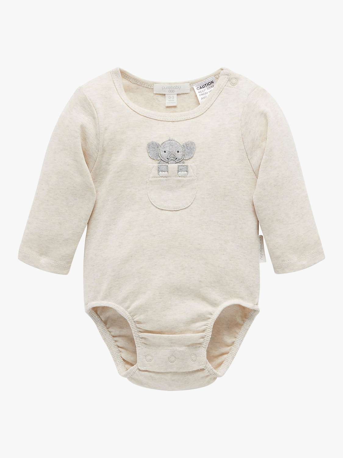 Buy Purebaby Baby Organic Cotton Peekaboo Elephant Long Sleeve Bodysuit, Oat Melange Online at johnlewis.com
