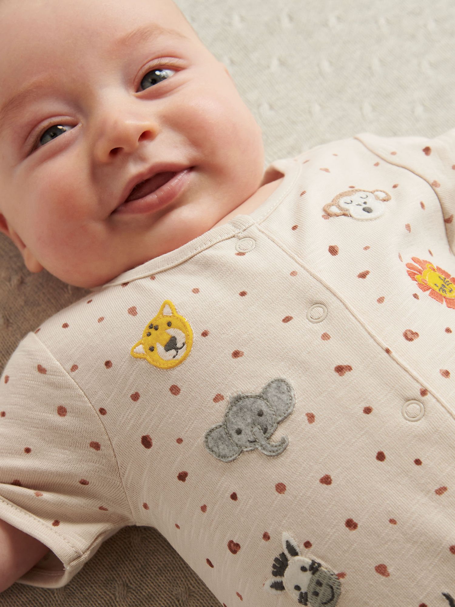 Purebaby Baby Organic Cotton Sananna Safari Applique Short Sleeve Growsuit, Oatmeal, 6-12 months