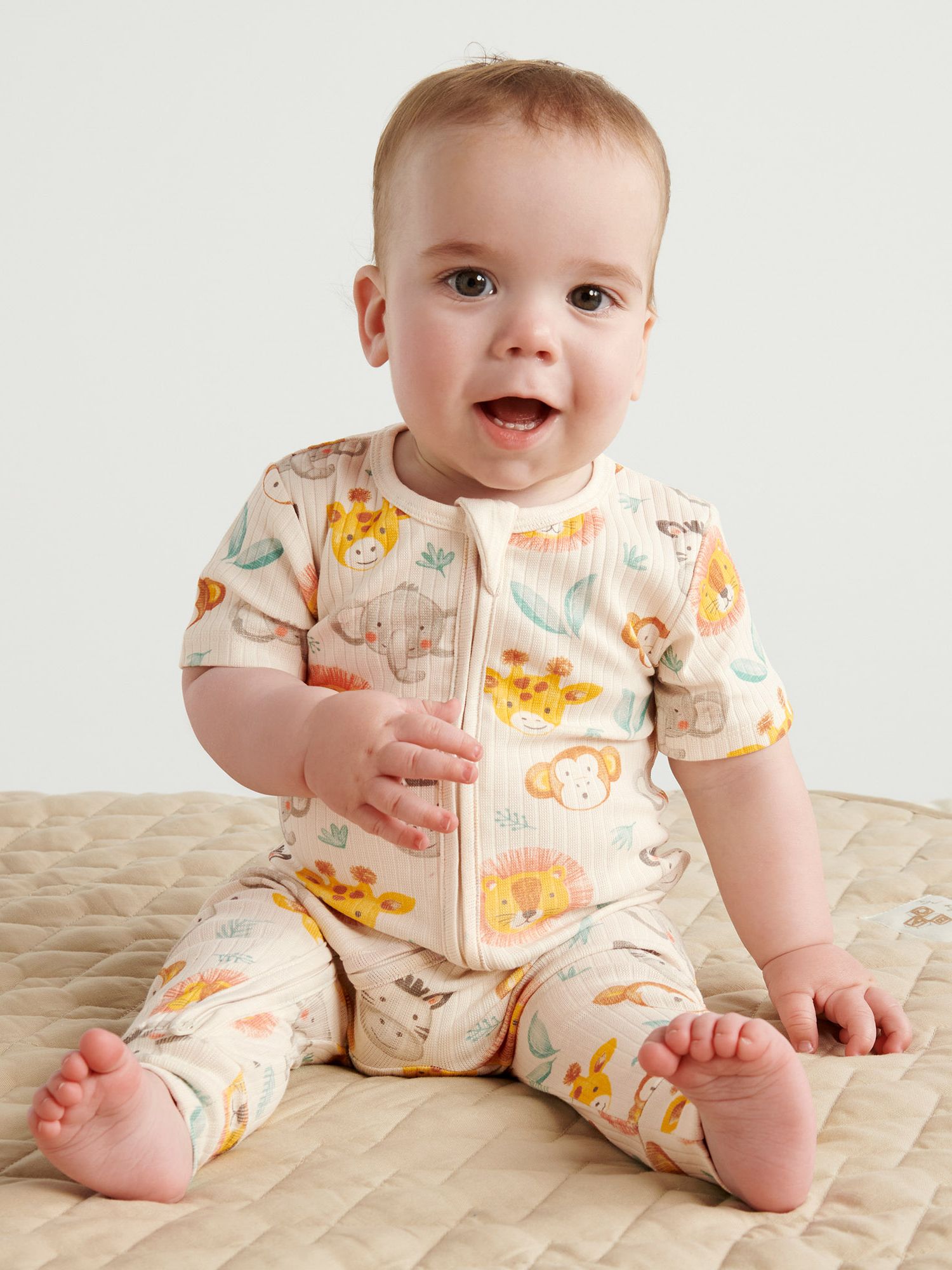 Purebaby Baby Organic Cotton Blend Rib Animal Print Zip Through Growsuit, Multi, Newborn