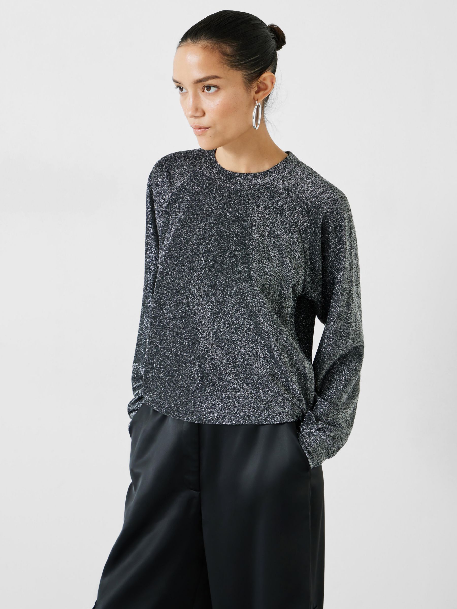HUSH Darcy Raglan Sleeve Sparkle Sweatshirt, Silver Lurex, M