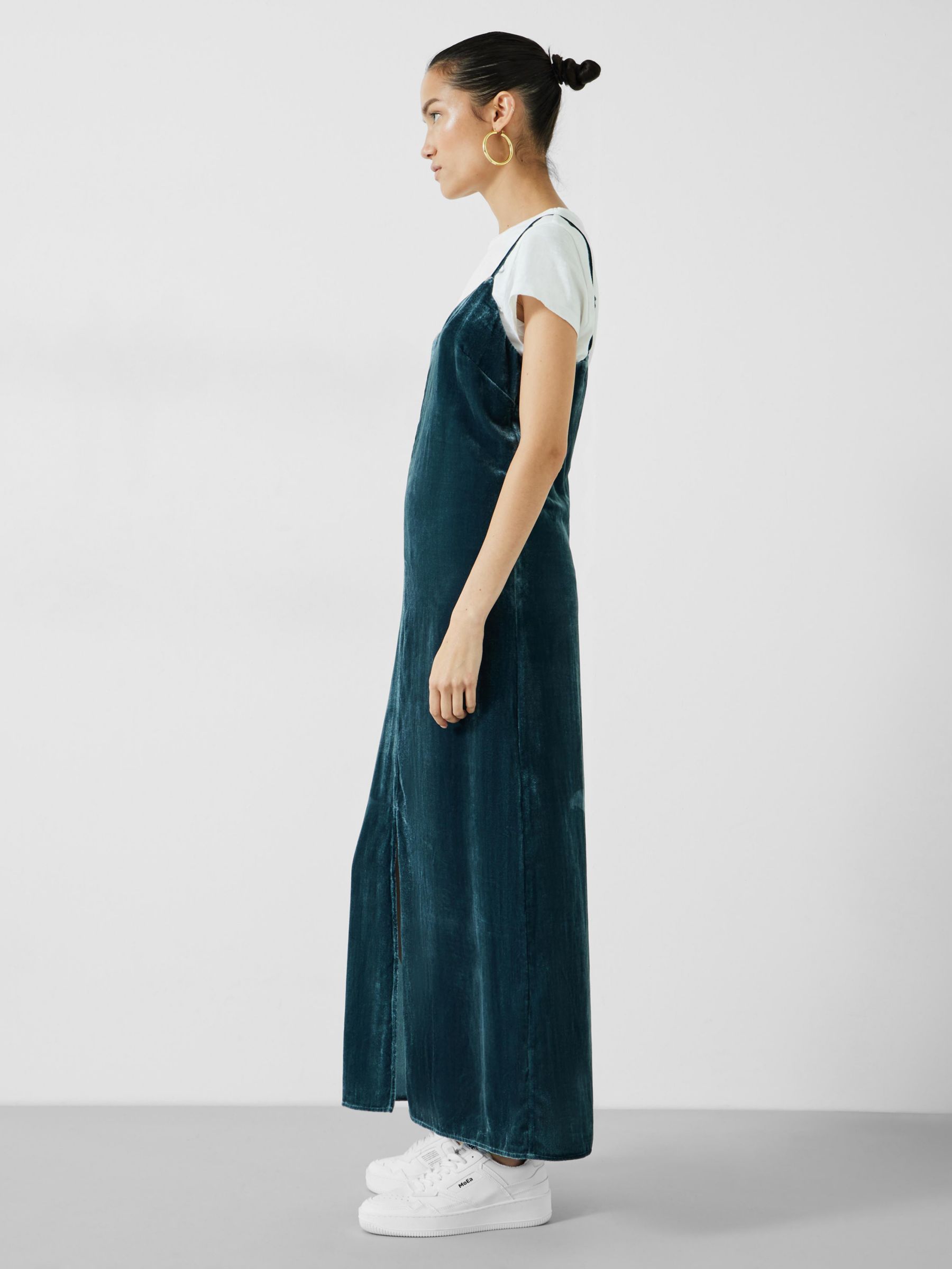 HUSH Leila Split Velvet Midi Dress, Dark Blue at John Lewis & Partners
