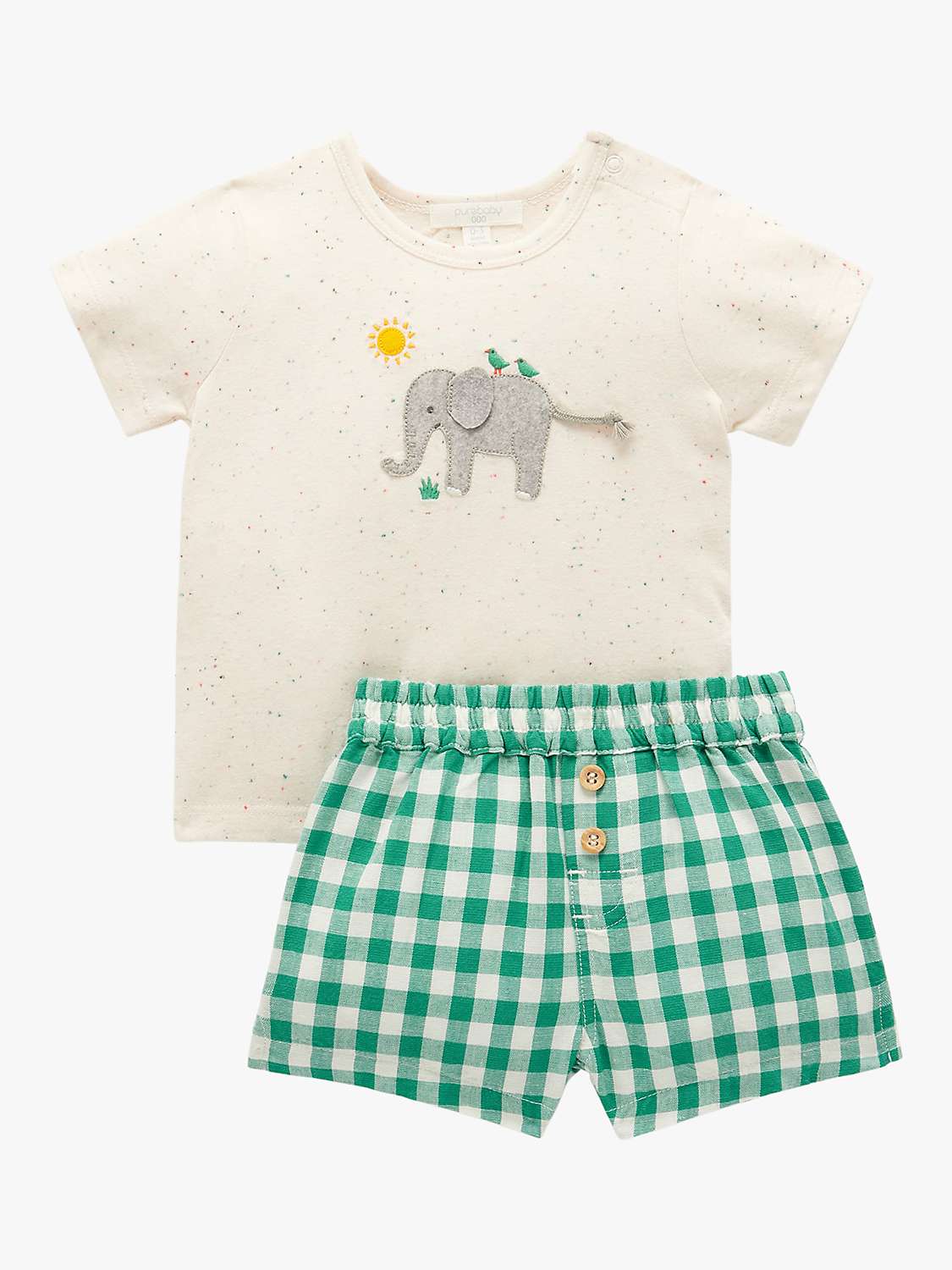 Buy Purebaby Baby Organic Cotton & Linen Blend Elephant Appliqe T-Shirt & Gingham Shorts Set, Green/Multi Online at johnlewis.com