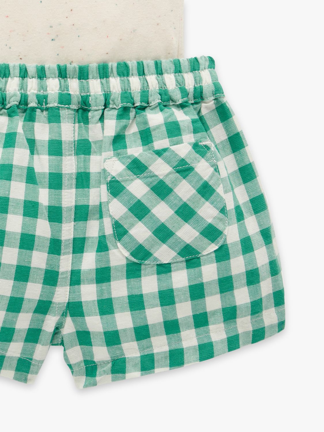Purebaby Baby Organic Cotton & Linen Blend Elephant Appliqe T-Shirt & Gingham Shorts Set, Green/Multi, 3-6 months