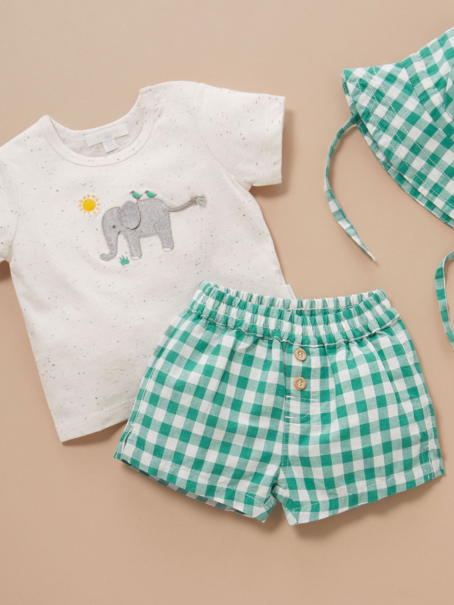 Buy Purebaby Baby Organic Cotton & Linen Blend Elephant Appliqe T-Shirt & Gingham Shorts Set, Green/Multi Online at johnlewis.com
