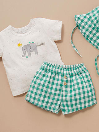 Purebaby Baby Organic Cotton & Linen Blend Elephant Appliqe T-Shirt & Gingham Shorts Set, Green/Multi