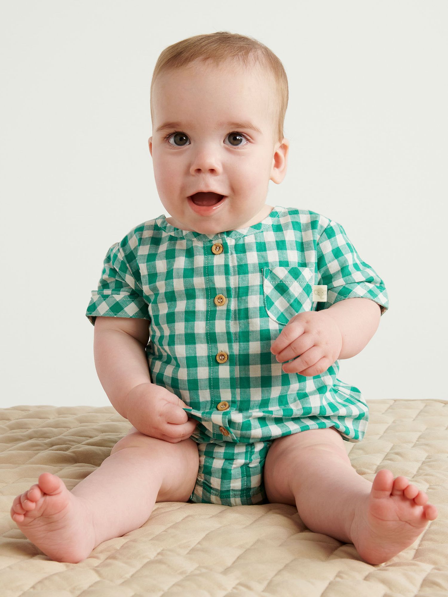 Purebaby Baby Organic Cotton & Linen Blend Gingham Bodysuit, Green, 3-6 months