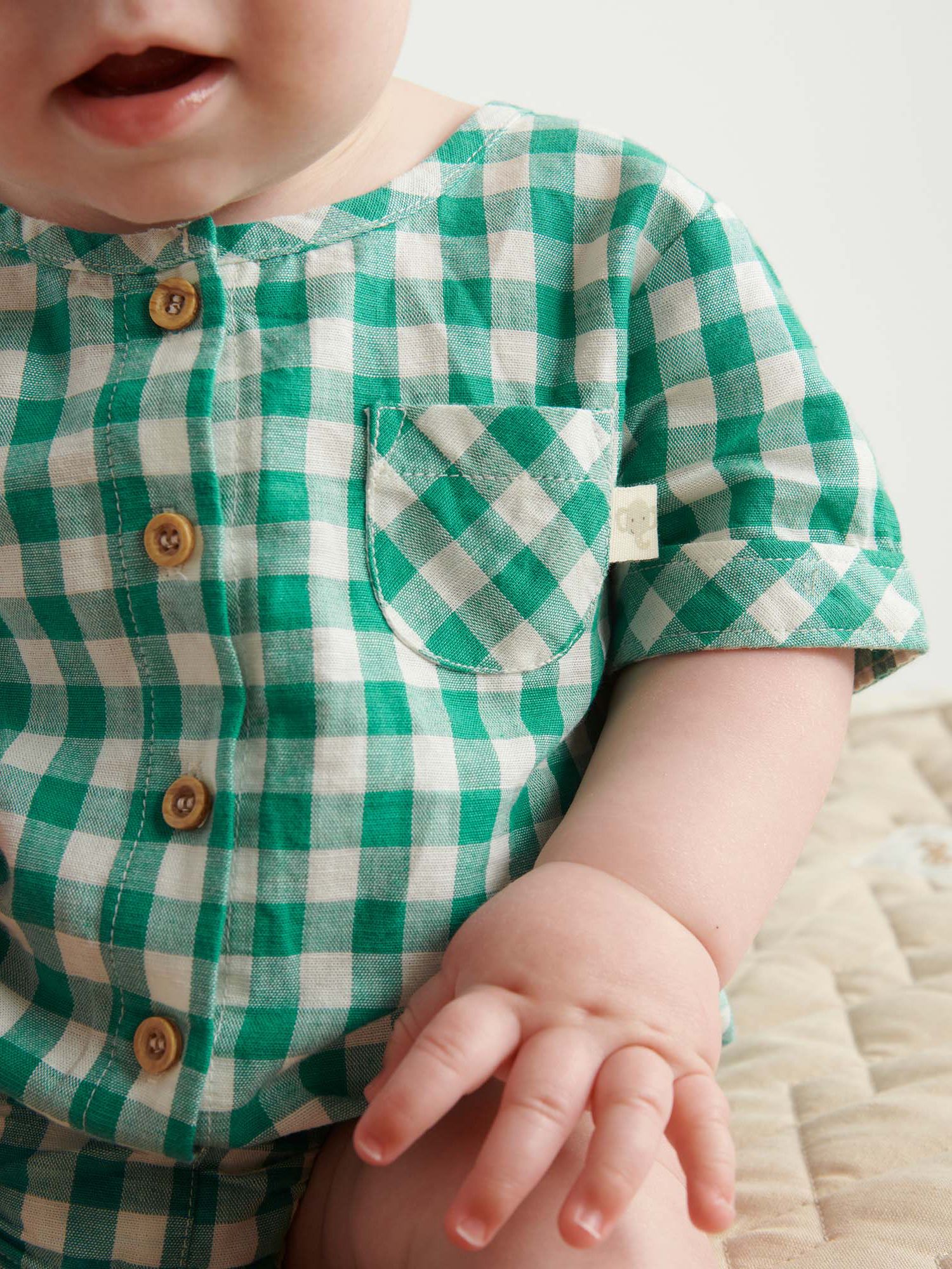 Purebaby Baby Organic Cotton & Linen Blend Gingham Bodysuit, Green, 3-6 months