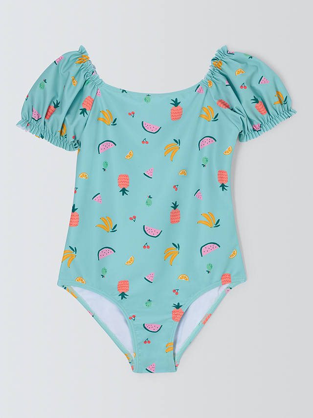 John Lewis Kids' Ditsy Fruit Print Puff Sleeve Swimsuit, Green/Muti