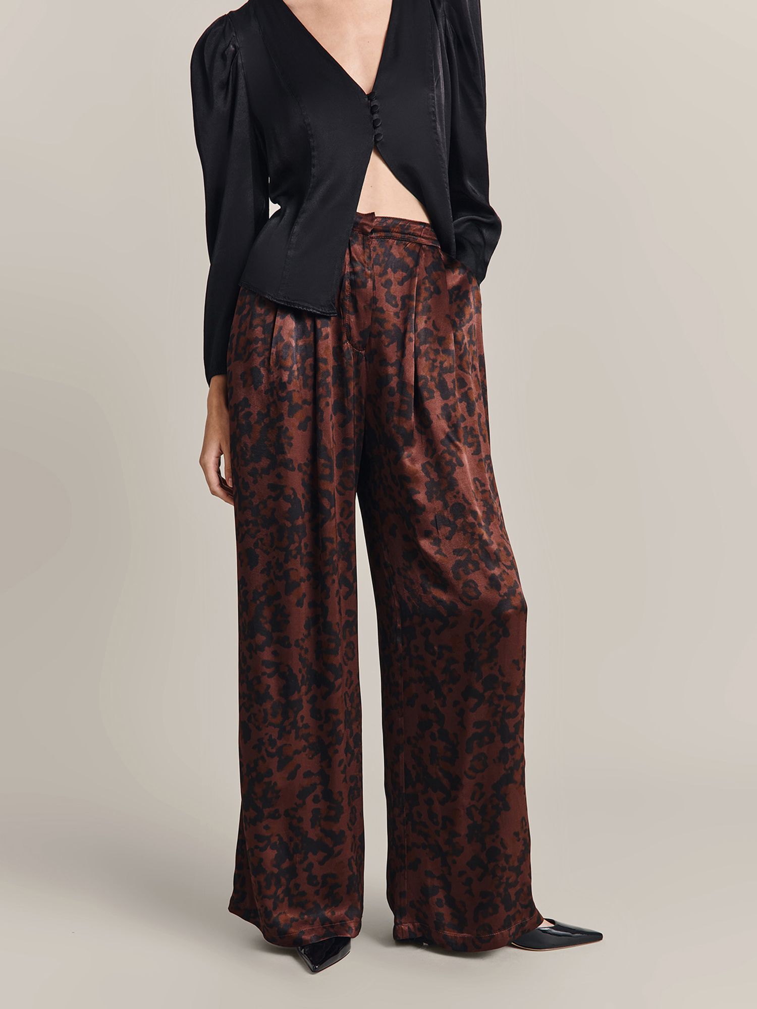 Ghost Molly Leopard Satin Wide Leg Trousers, Burgundy, XS