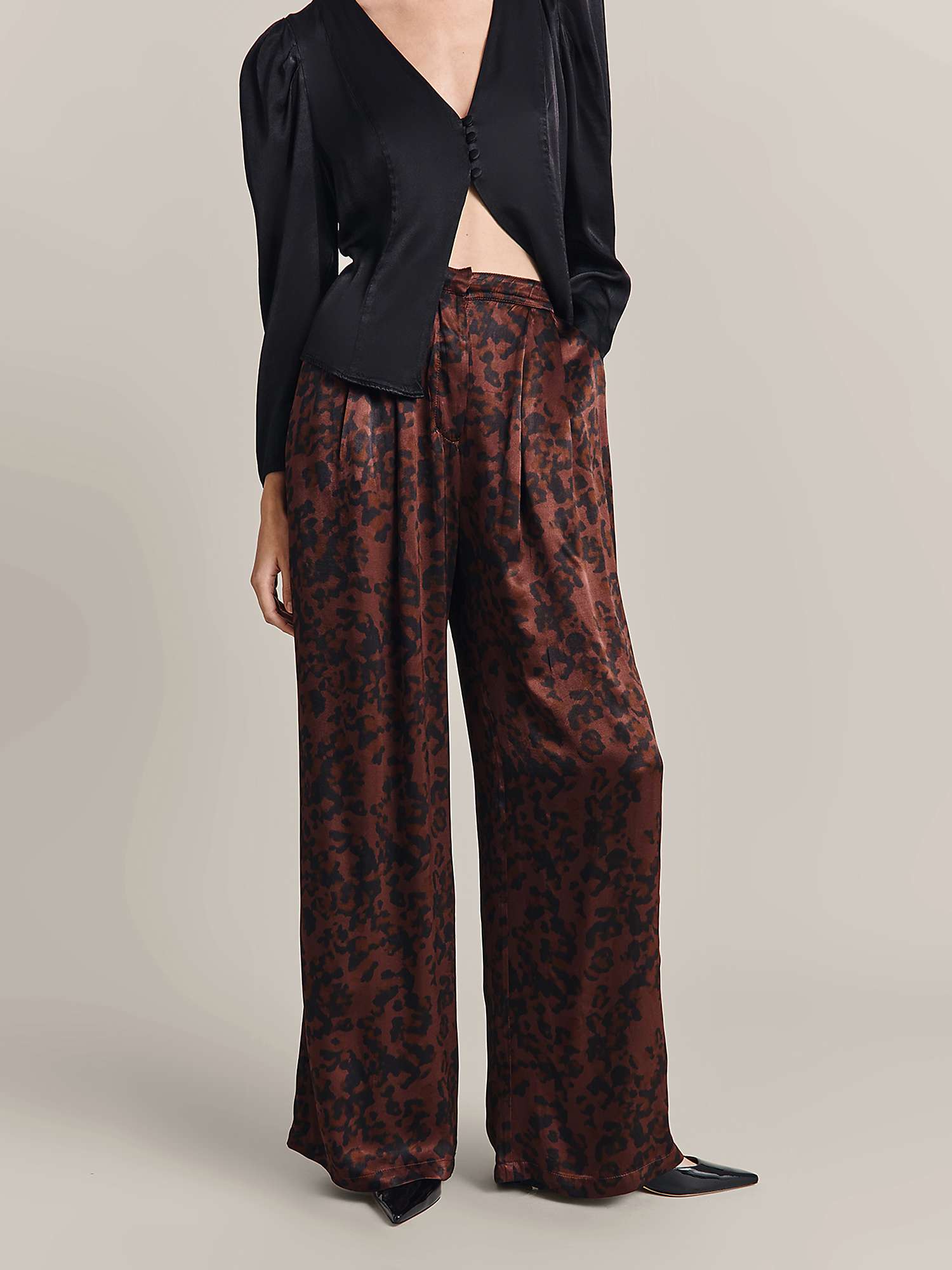 Buy Ghost Molly Leopard Satin Wide Leg Trousers, Burgundy Online at johnlewis.com