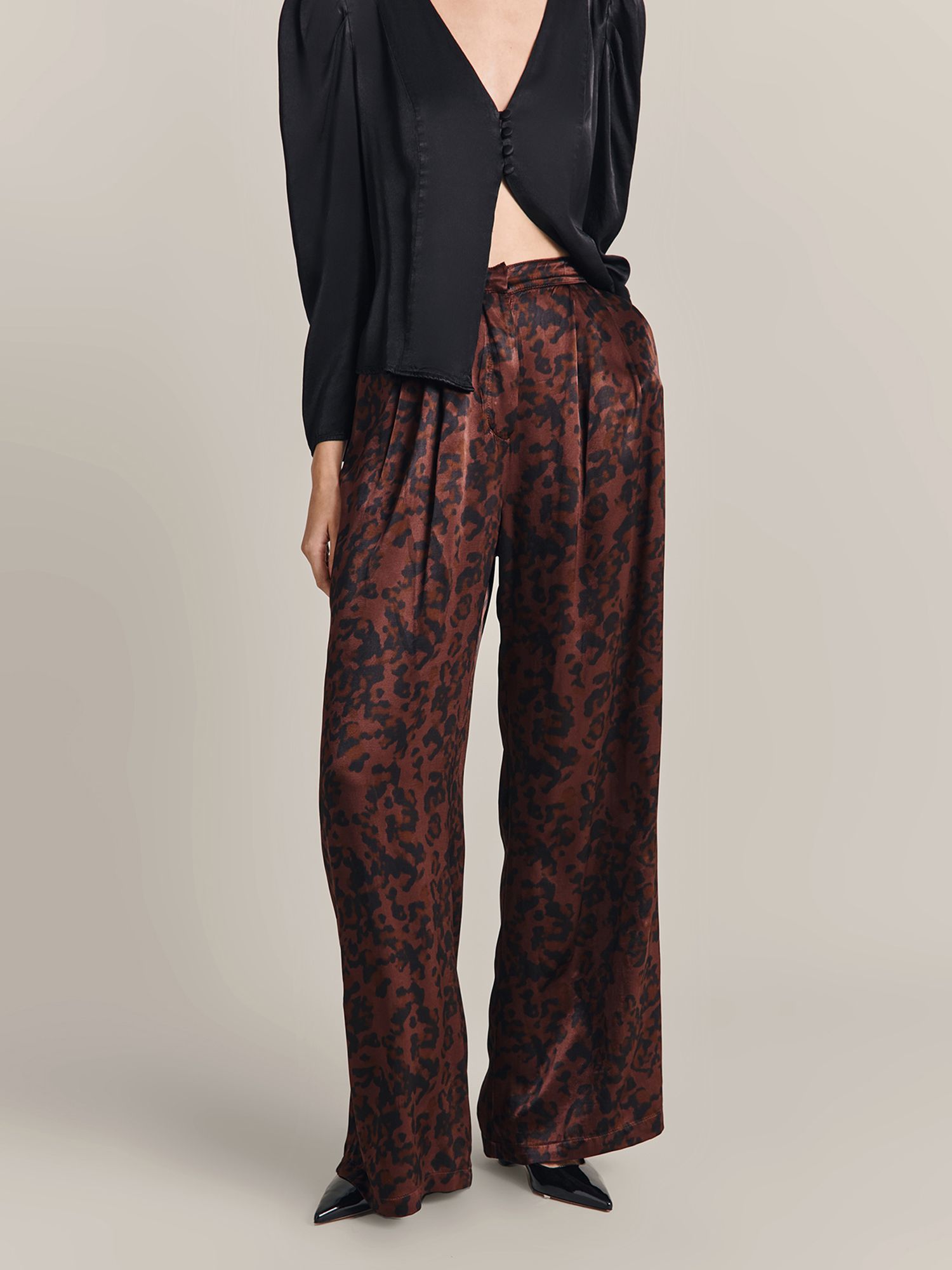 Ghost Molly Leopard Satin Wide Leg Trousers, Burgundy, XS