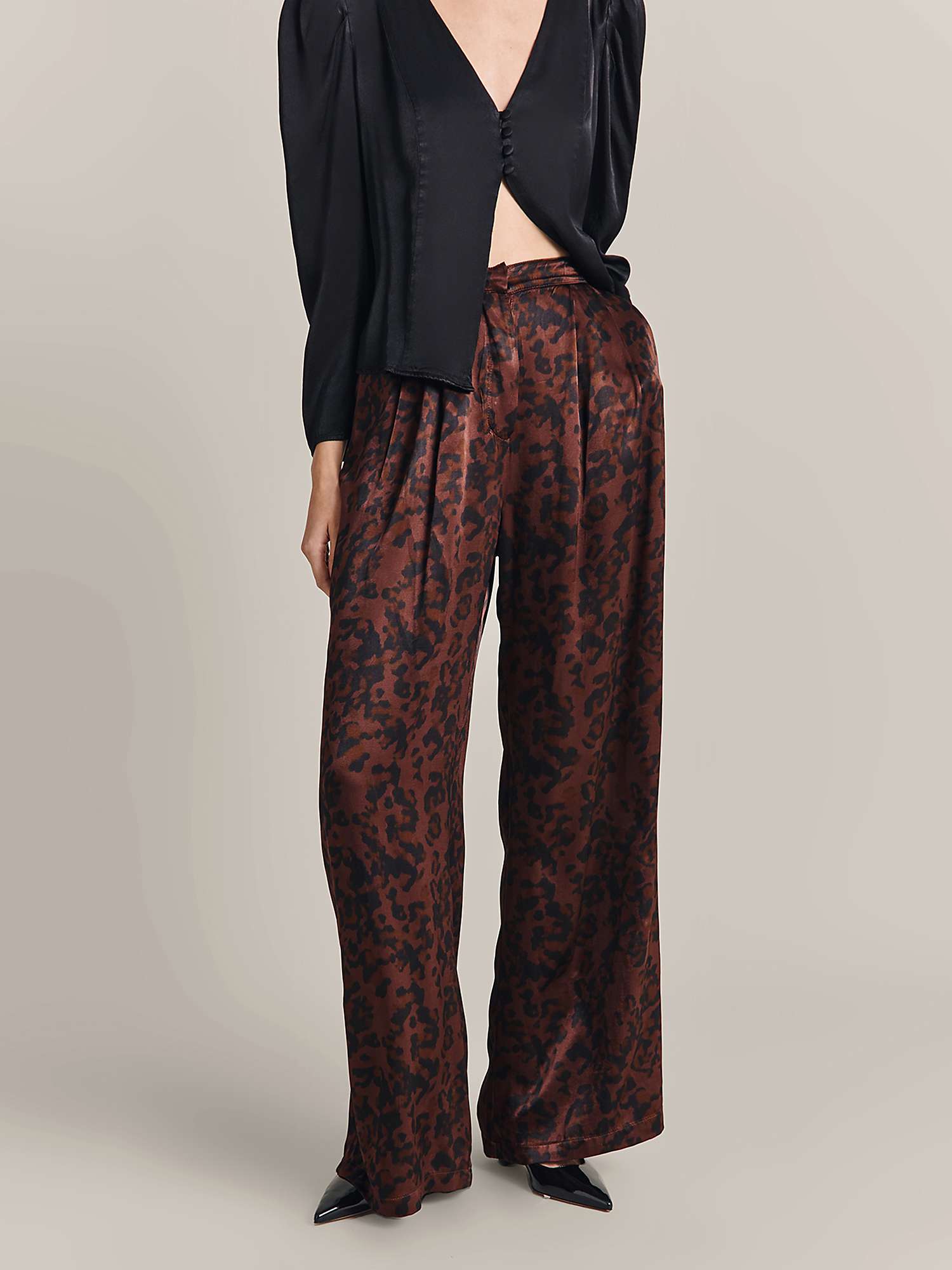 Buy Ghost Molly Leopard Satin Wide Leg Trousers, Burgundy Online at johnlewis.com