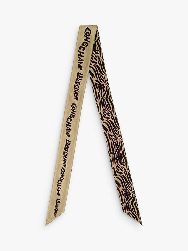 Longchamp Silk Tiger Print & Logo Skinny Scarf, Oat/Multi