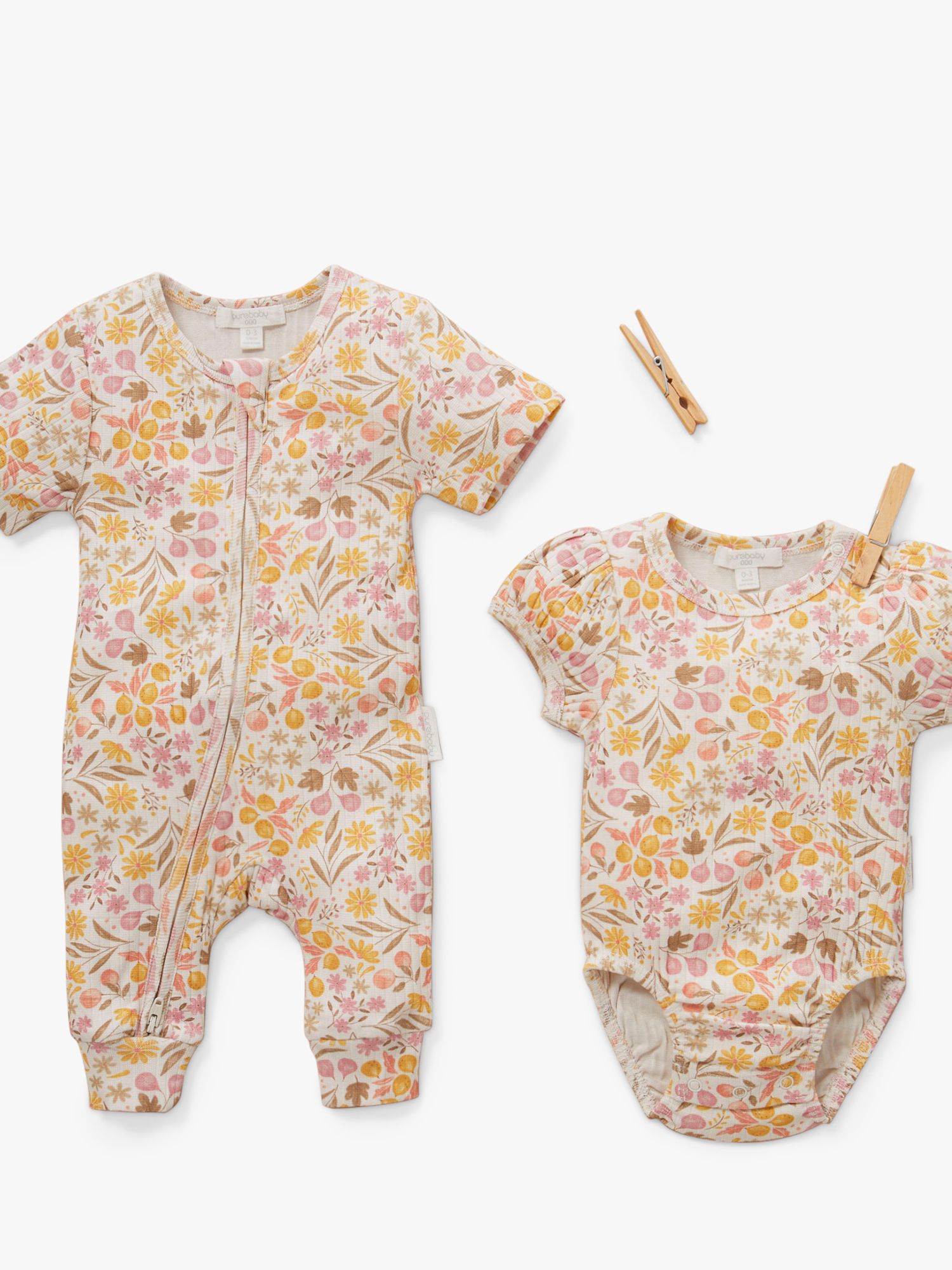 Purebaby Baby Organic Cotton Blend Rib Fruit Floral Print Zip Through Growsuit, Multi, Newborn