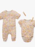 Purebaby Baby Organic Cotton Blend Rib Fruit Floral Print Zip Through Growsuit, Multi, Multi