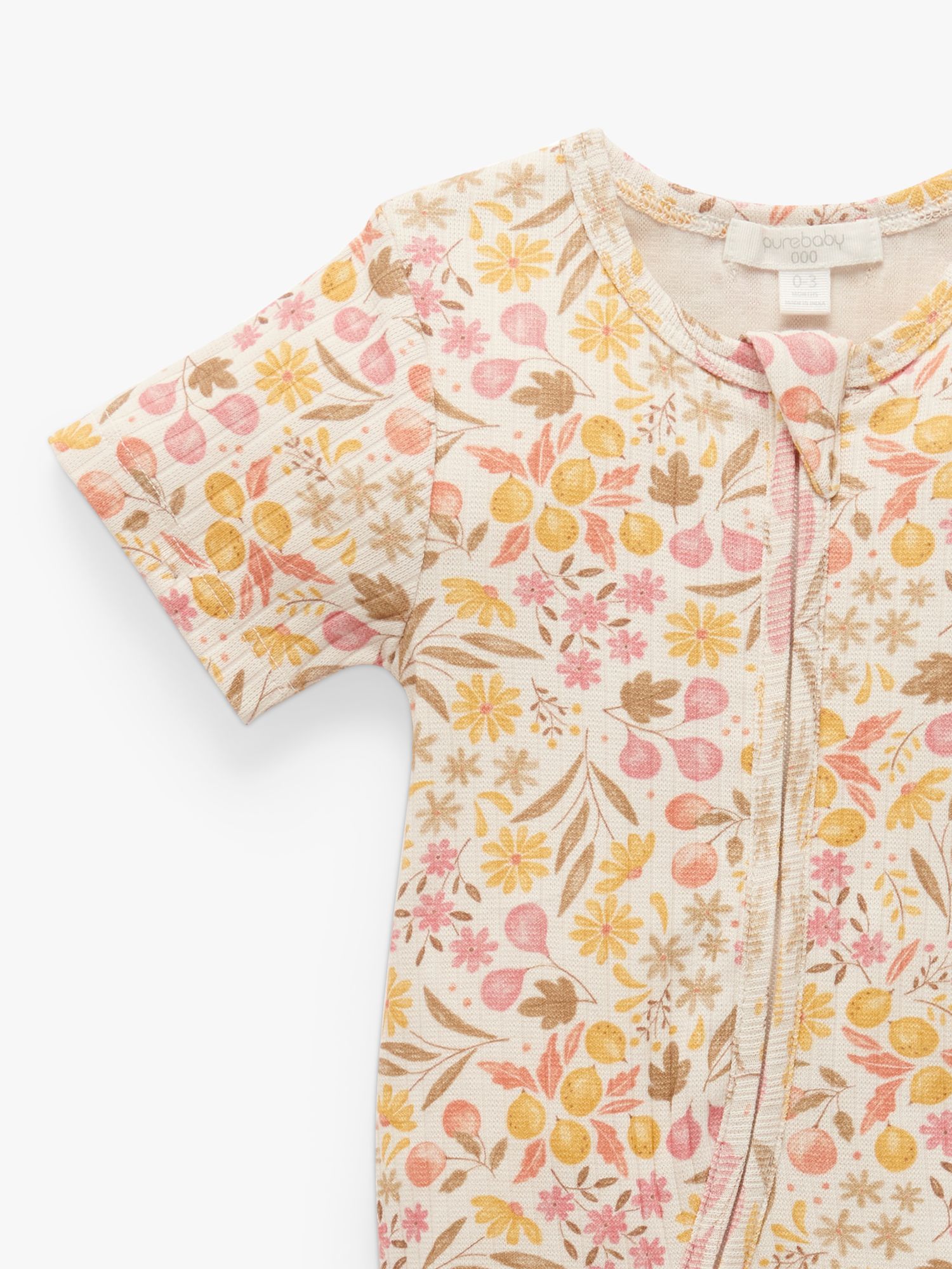 Buy Purebaby Baby Organic Cotton Blend Rib Fruit Floral Print Zip Through Growsuit, Multi Online at johnlewis.com