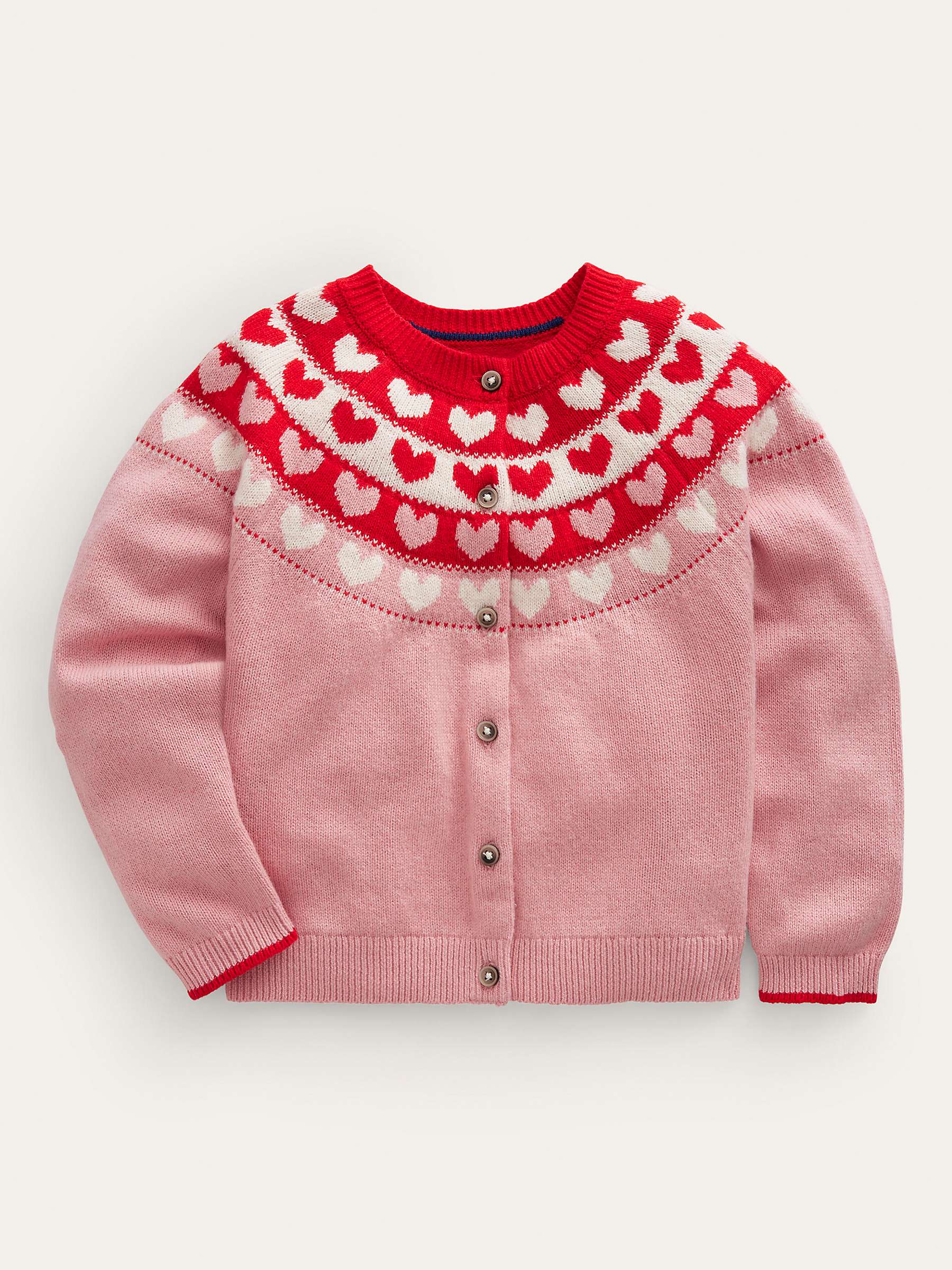 Buy Mini Boden Kids' Fun Fair Isle Hearts Knit Cardigan, Almond Pink Online at johnlewis.com