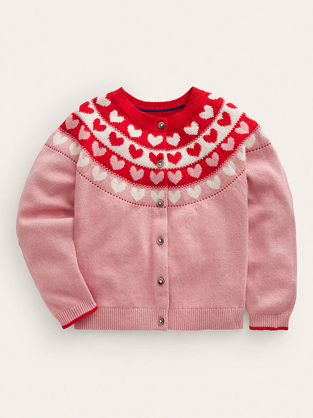 Mini Boden Kids' Fun Fair Isle Hearts Knit Cardigan, Almond Pink