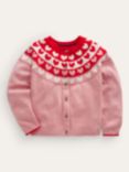 Mini Boden Kids' Fun Fair Isle Hearts Knit Cardigan, Almond Pink
