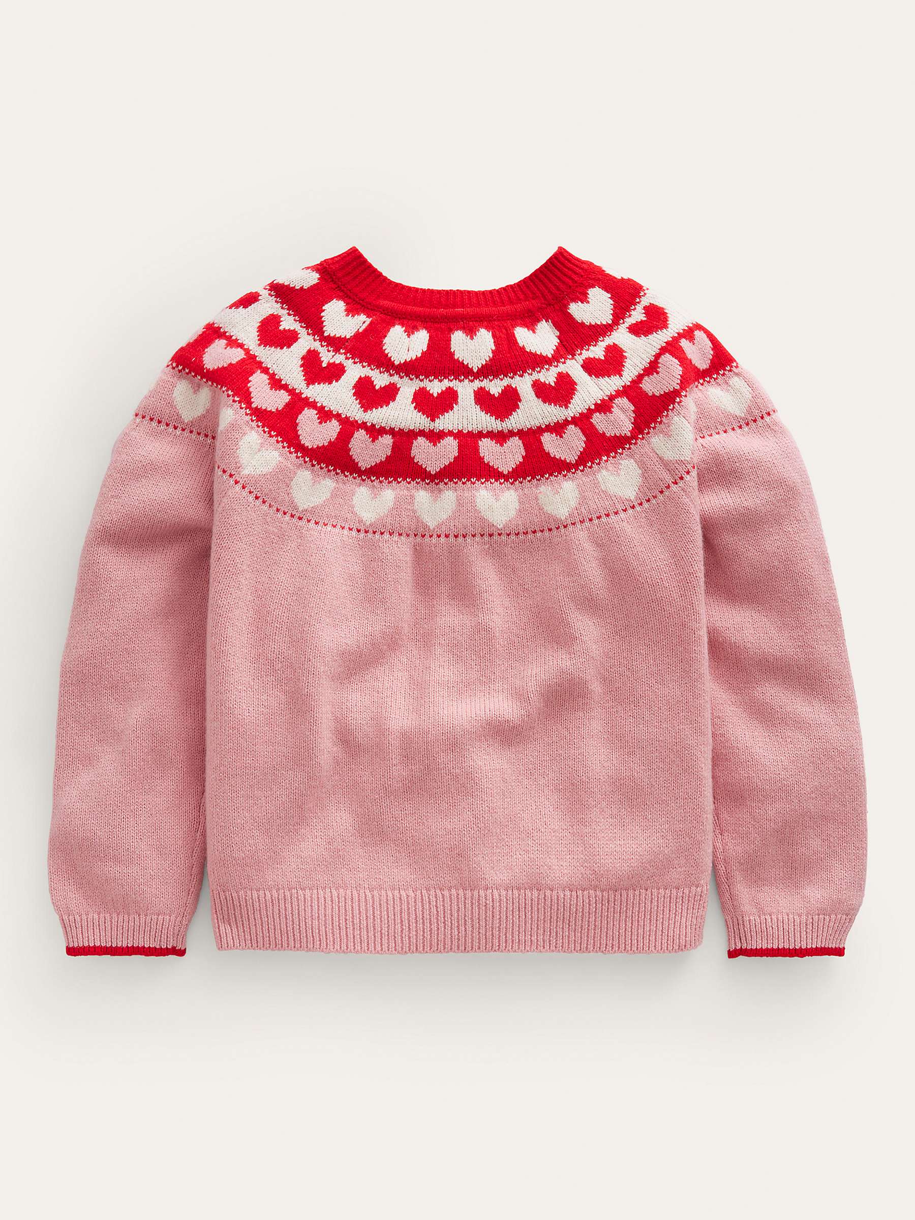 Buy Mini Boden Kids' Fun Fair Isle Hearts Knit Cardigan, Almond Pink Online at johnlewis.com