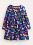 Mini Boden Kids' Cosy Playful Pups Printed Long Sleeve Jersey Dress, Navy/Multi
