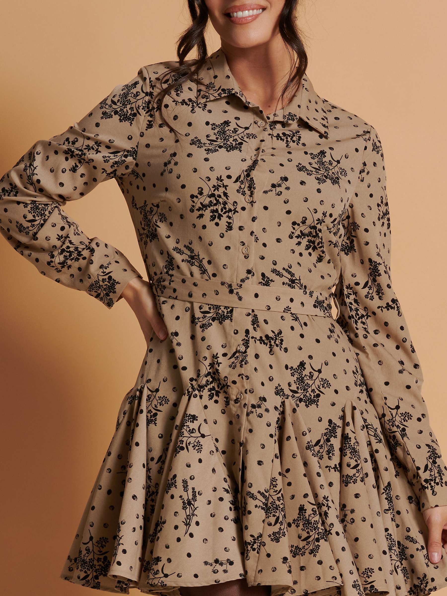 Buy Jolie Moi Floral Print Long Sleeve Shirt Dress, Stone/Black Online at johnlewis.com