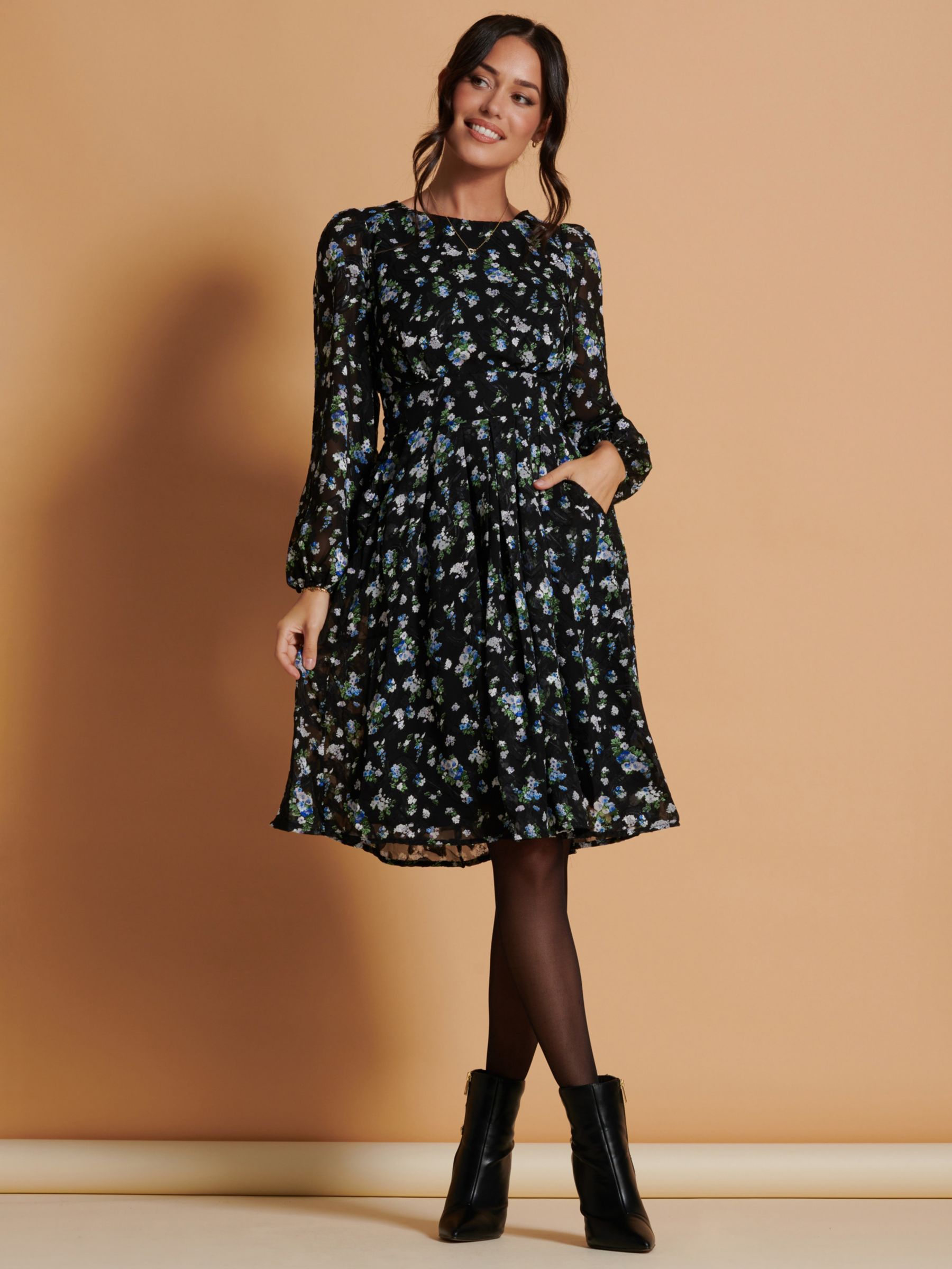Buy Jolie Moi Long Sleeve Floral Chiffon Flared Dress, Black/Multi Online at johnlewis.com
