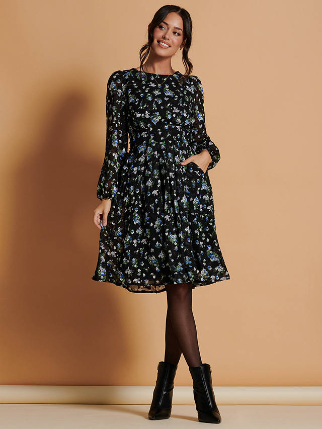 Jolie Moi Long Sleeve Floral Chiffon Flared Dress, Black/Multi