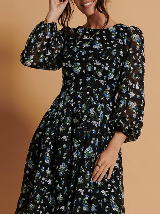 Jolie Moi Long Sleeve Floral Chiffon Flared Dress, Black/Multi