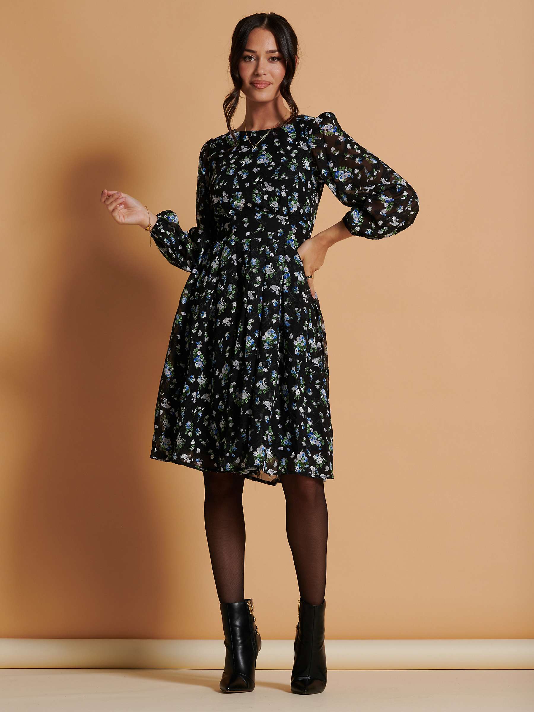 Buy Jolie Moi Long Sleeve Floral Chiffon Flared Dress, Black/Multi Online at johnlewis.com