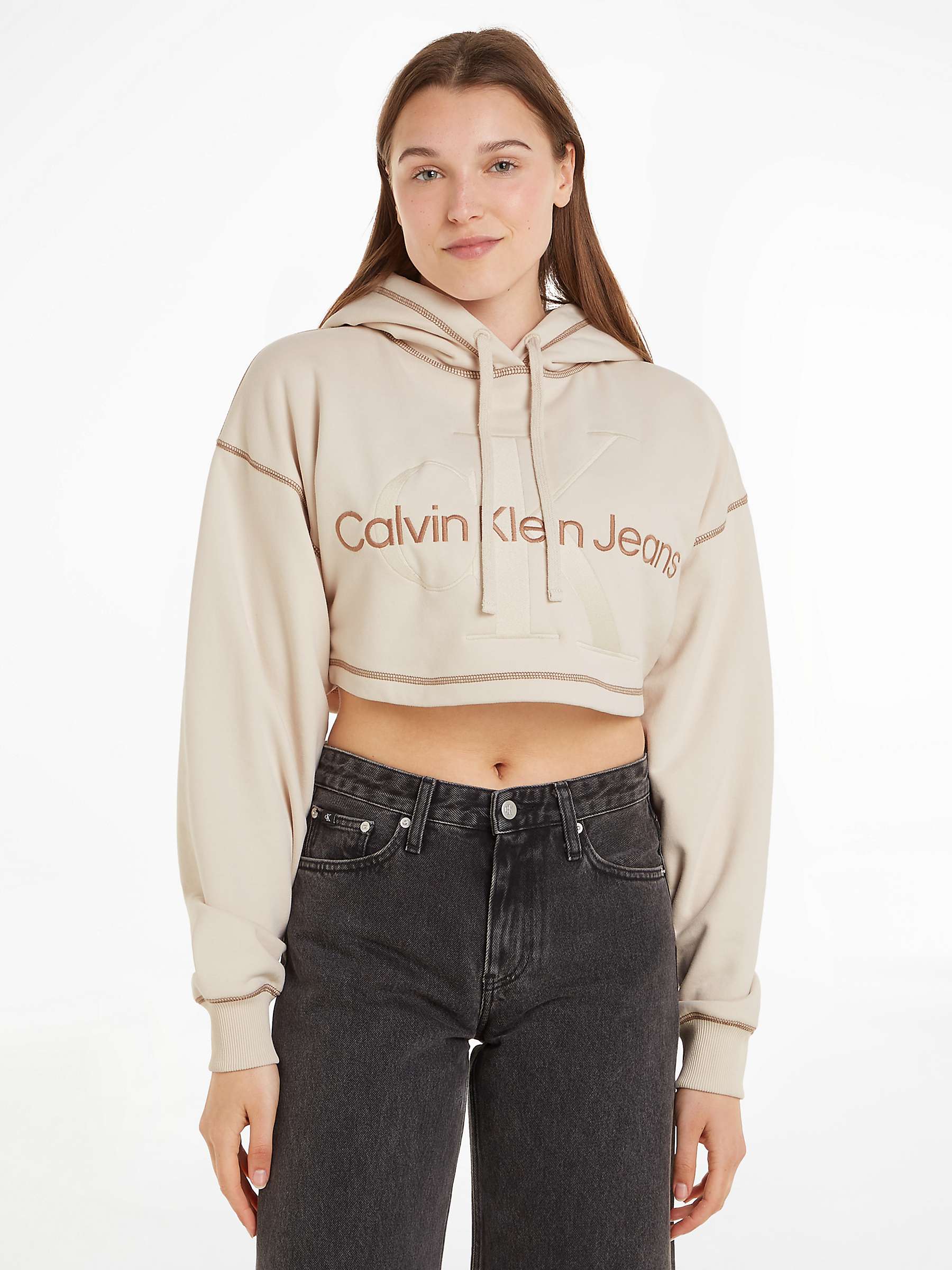 Buy Calvin Klein Jeans Monologo Crop Hoodie, Ivory Online at johnlewis.com