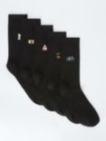 John Lewis Embroidered Hobbies Socks, Pack of 5, Black/Multi
