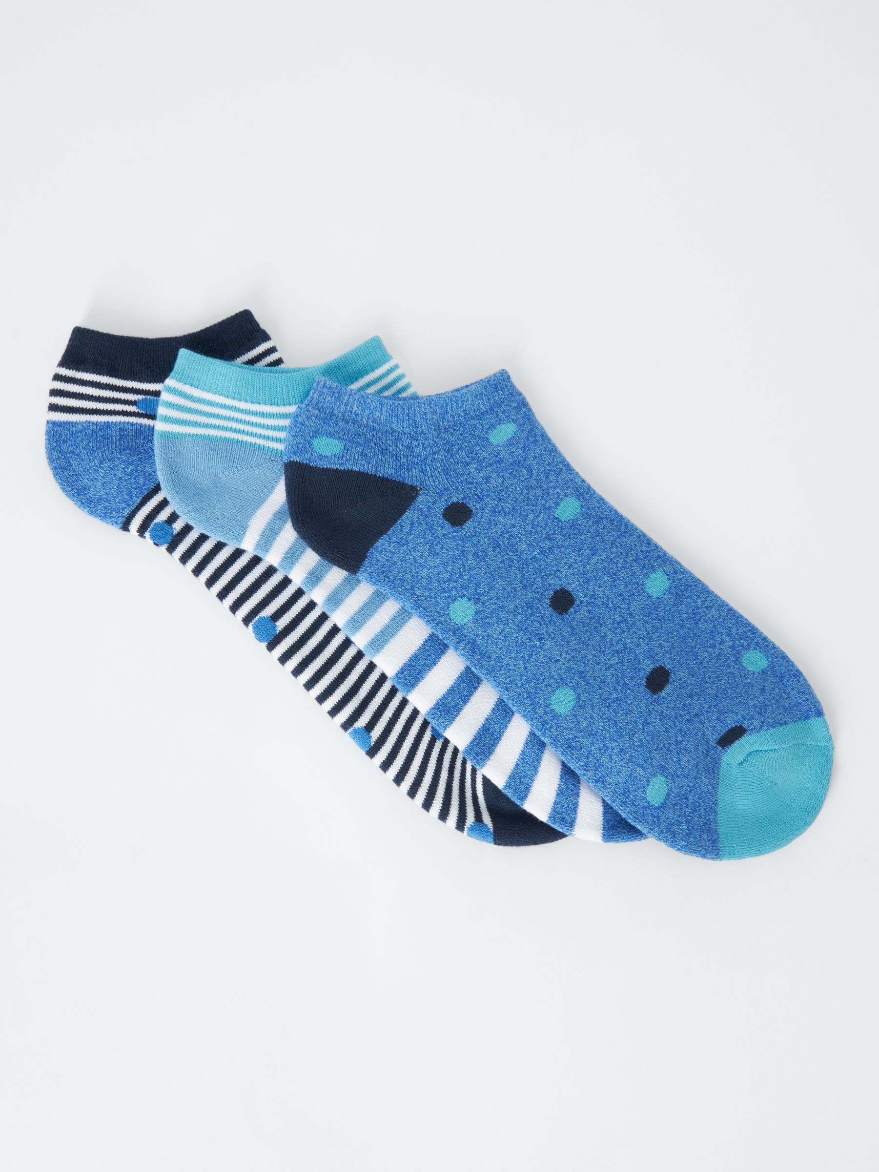 John Lewis Spot & Stripe Trainer Socks, Pack of 3, Blue/Multi, S