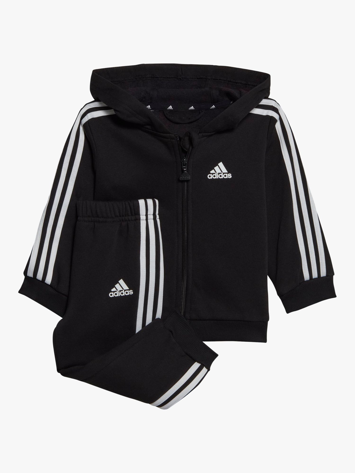 adidas Baby Essentials Three Stripes Full Zip Hoodie & Joggers Set, Black/White, 2-3 years
