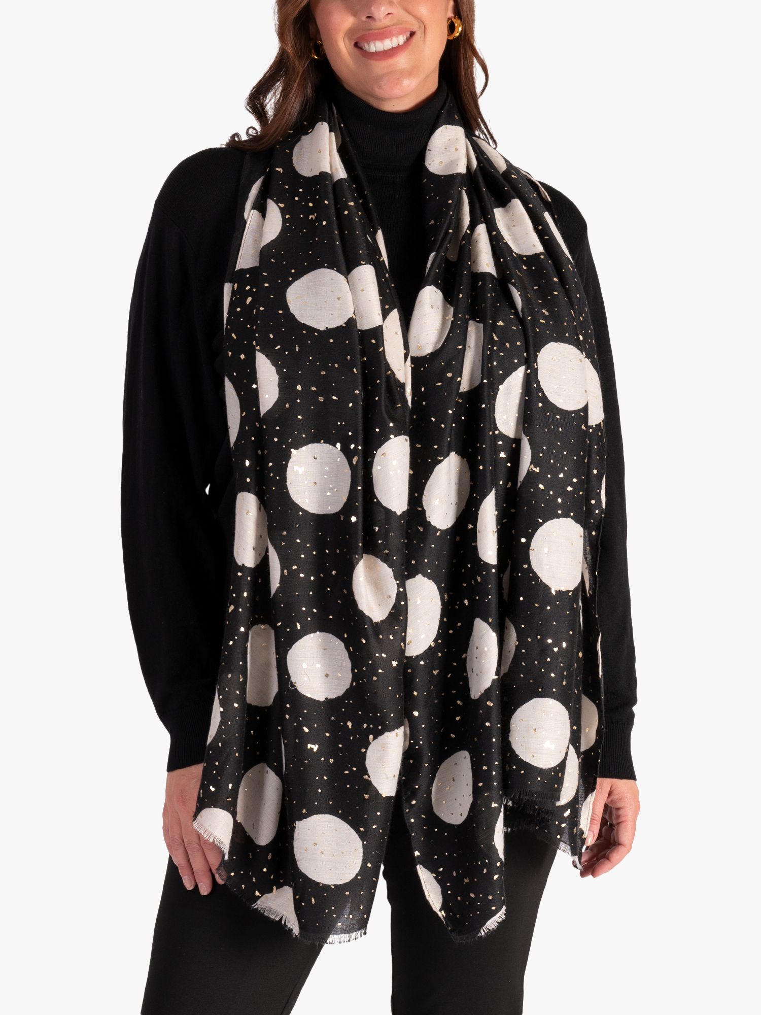 chesca Large Spot with Speckles Printed Scarf, Black/Gold at John