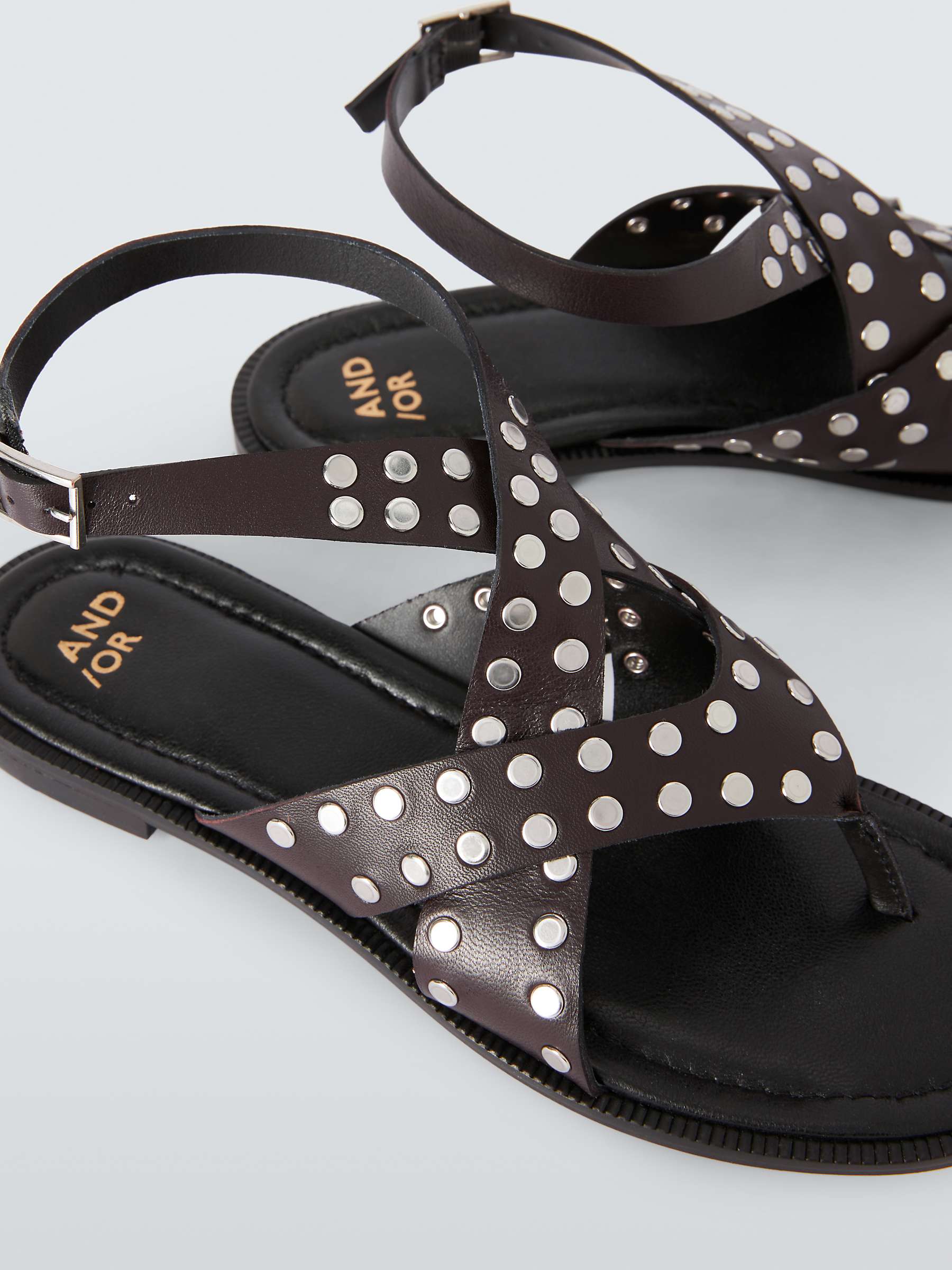 Buy AND/OR Lennie Leather Studded Toe Post Flat Sandals, Chocolate Online at johnlewis.com