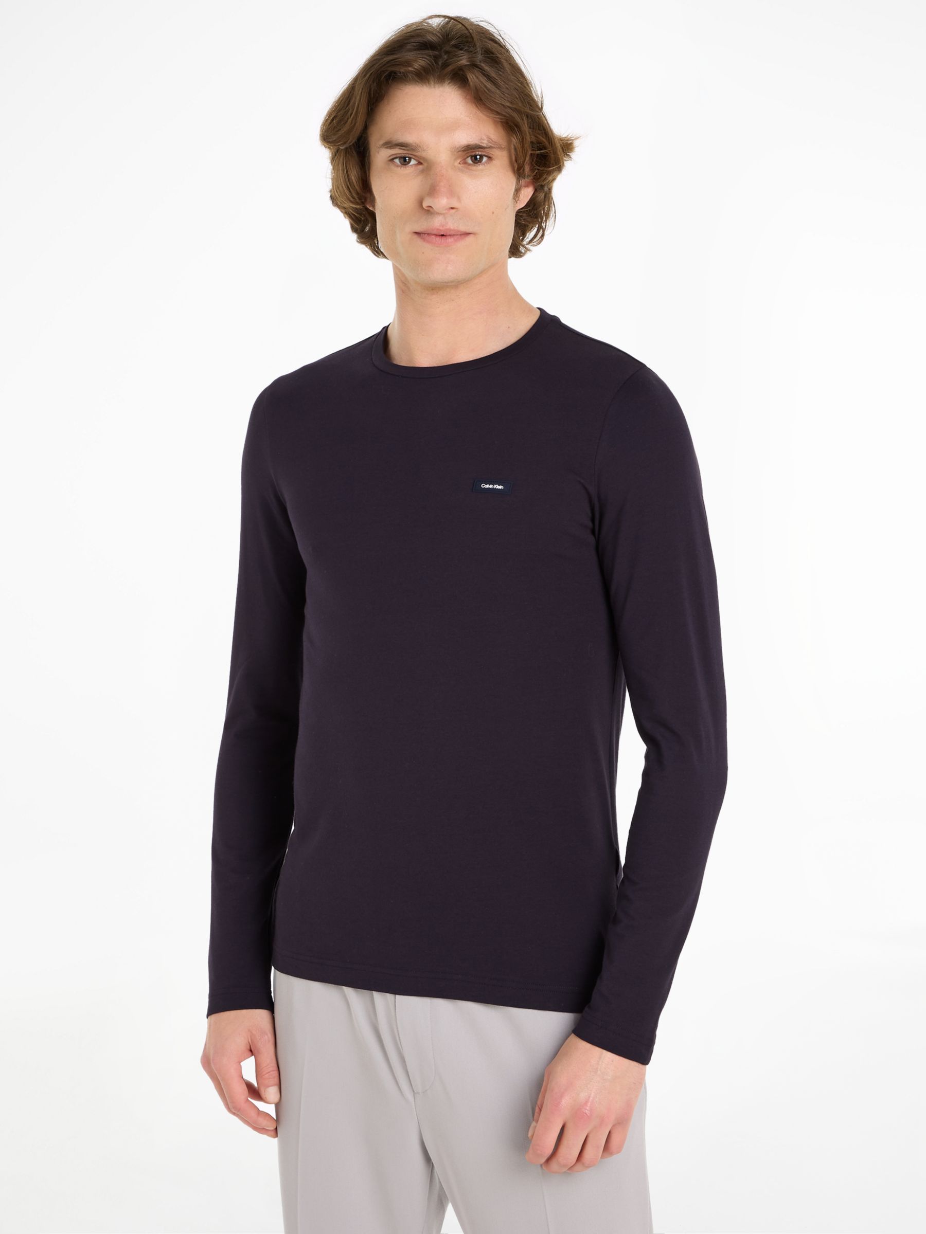 Calvin Klein Slim Fit Plain Embroidered Logo Long Sleeve Polo Shirt, Black  at John Lewis & Partners