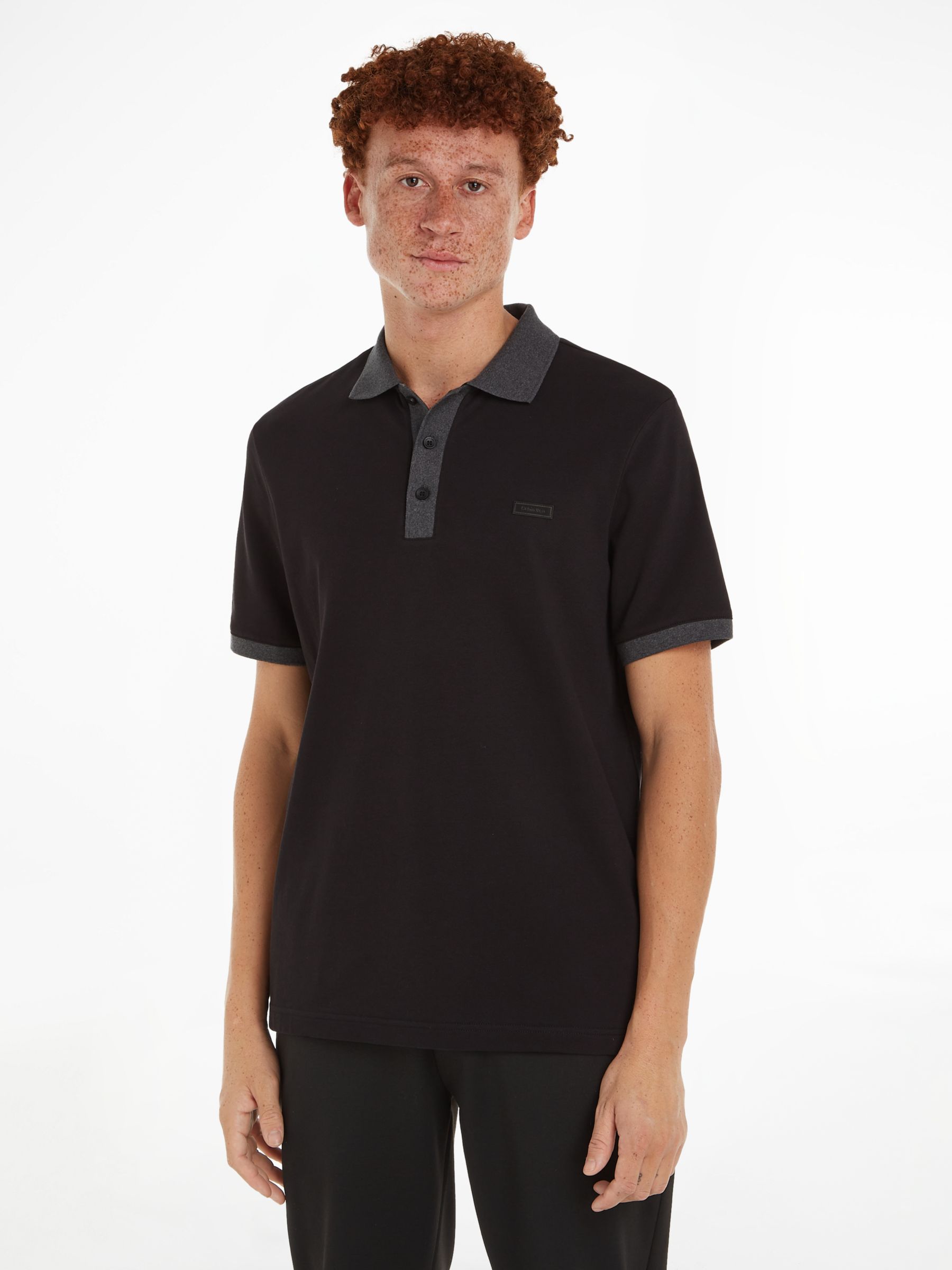 Calvin Klein Heather Placket Short Sleeve Polo Shirt, Black, S