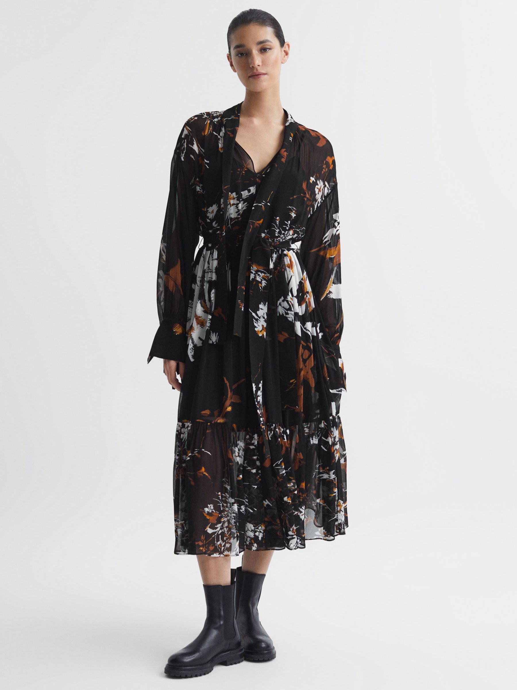 Reiss Charlotte Floral Tie Neck Midi Dress, Black/Multi, 6