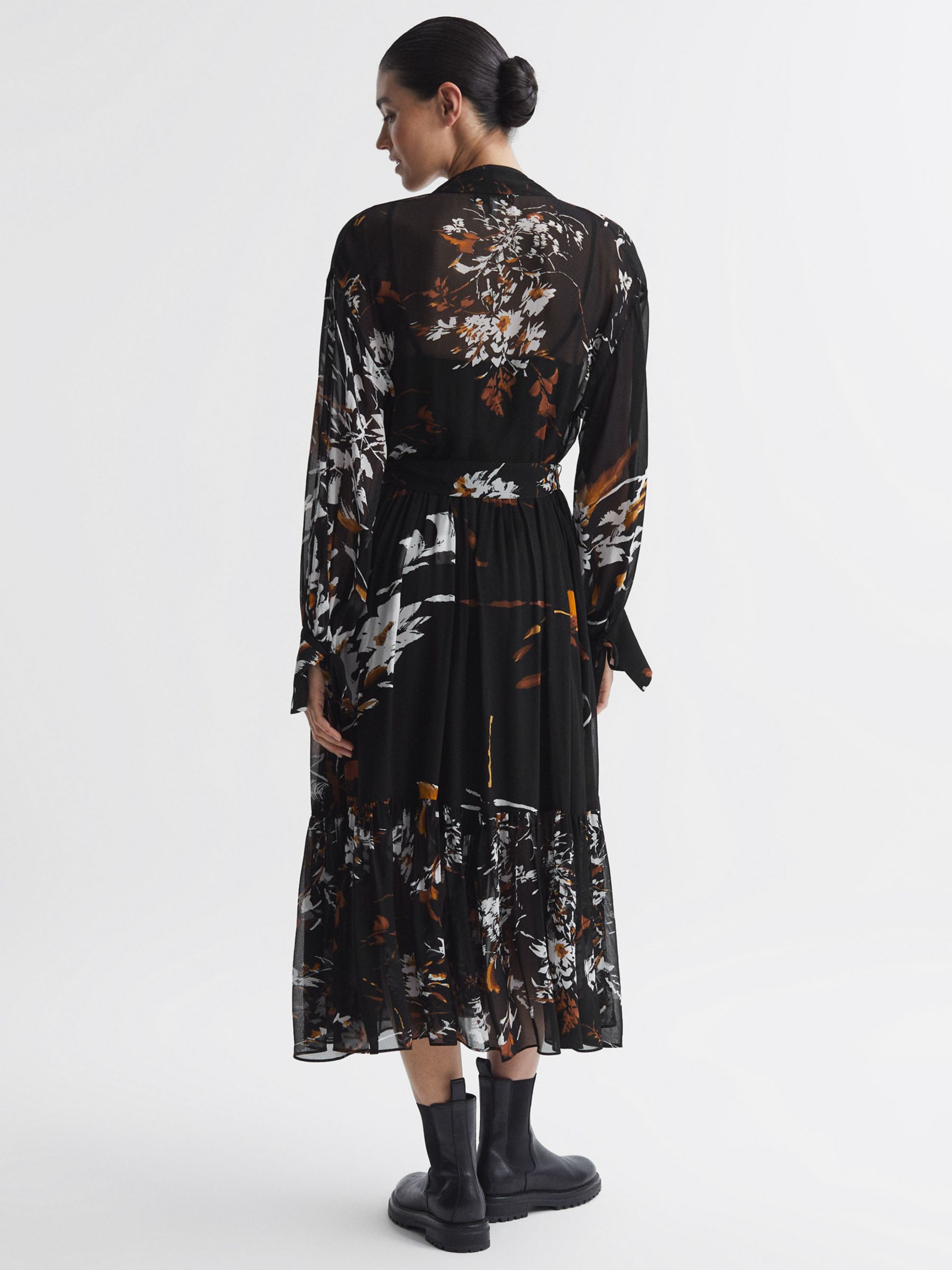 Reiss Charlotte Floral Tie Neck Midi Dress, Black/Multi, 6