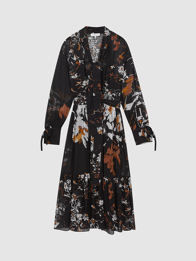 Reiss Charlotte Floral Tie Neck Midi Dress, Black/Multi