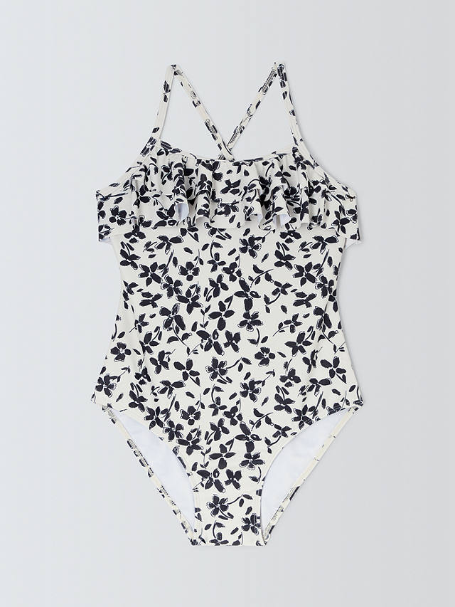 John Lewis Kids' Monochrome Floral Print Ruffle Swimsuit, Black/White