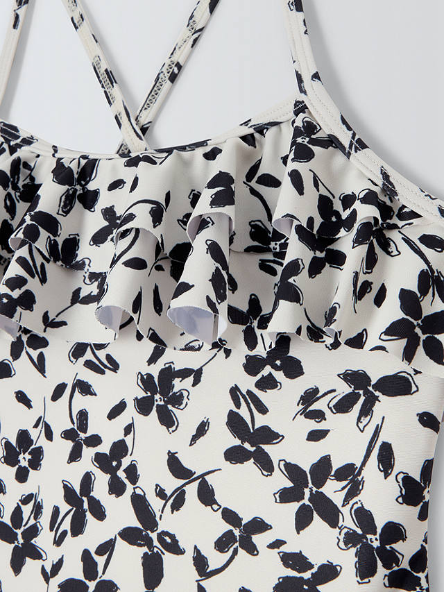 John Lewis Kids' Monochrome Floral Print Ruffle Swimsuit, Black/White