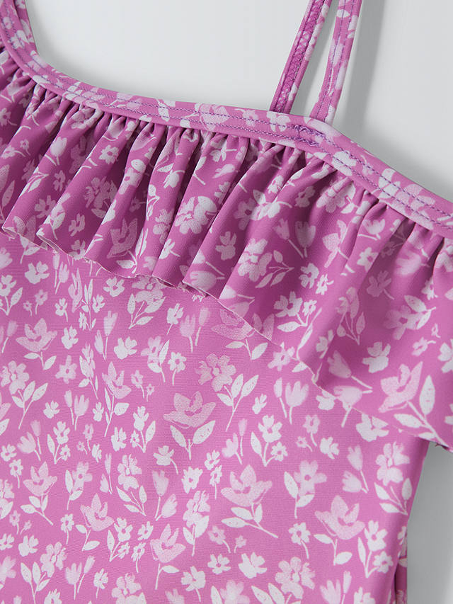 John Lewis Kids' Floral Print One Shoulder Ruffle Swimsuit, Purple/Multi