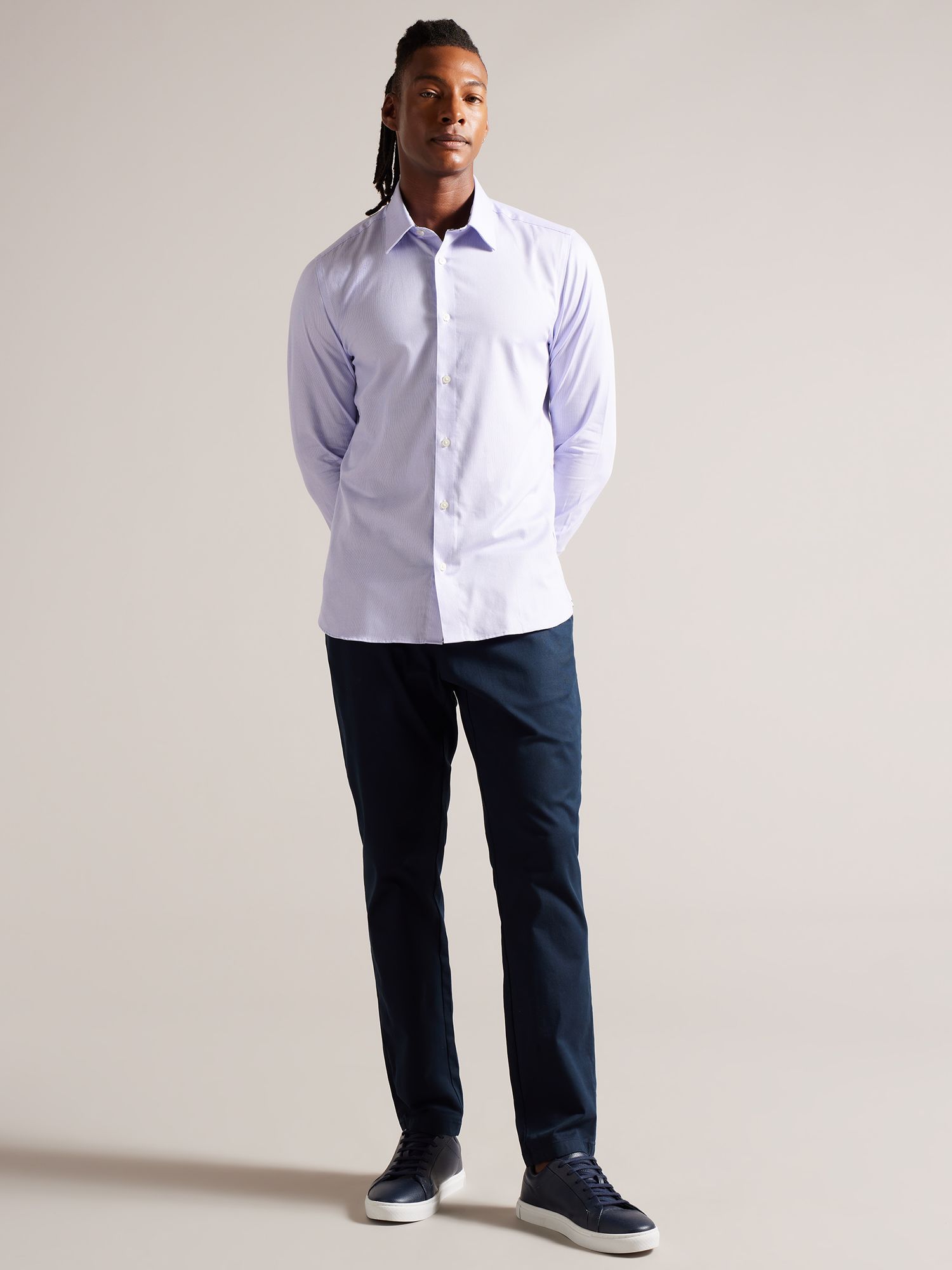 Ted Baker Long Sleeve Bi-Stretch Fine Stripe Shirt, Light Purple, XL