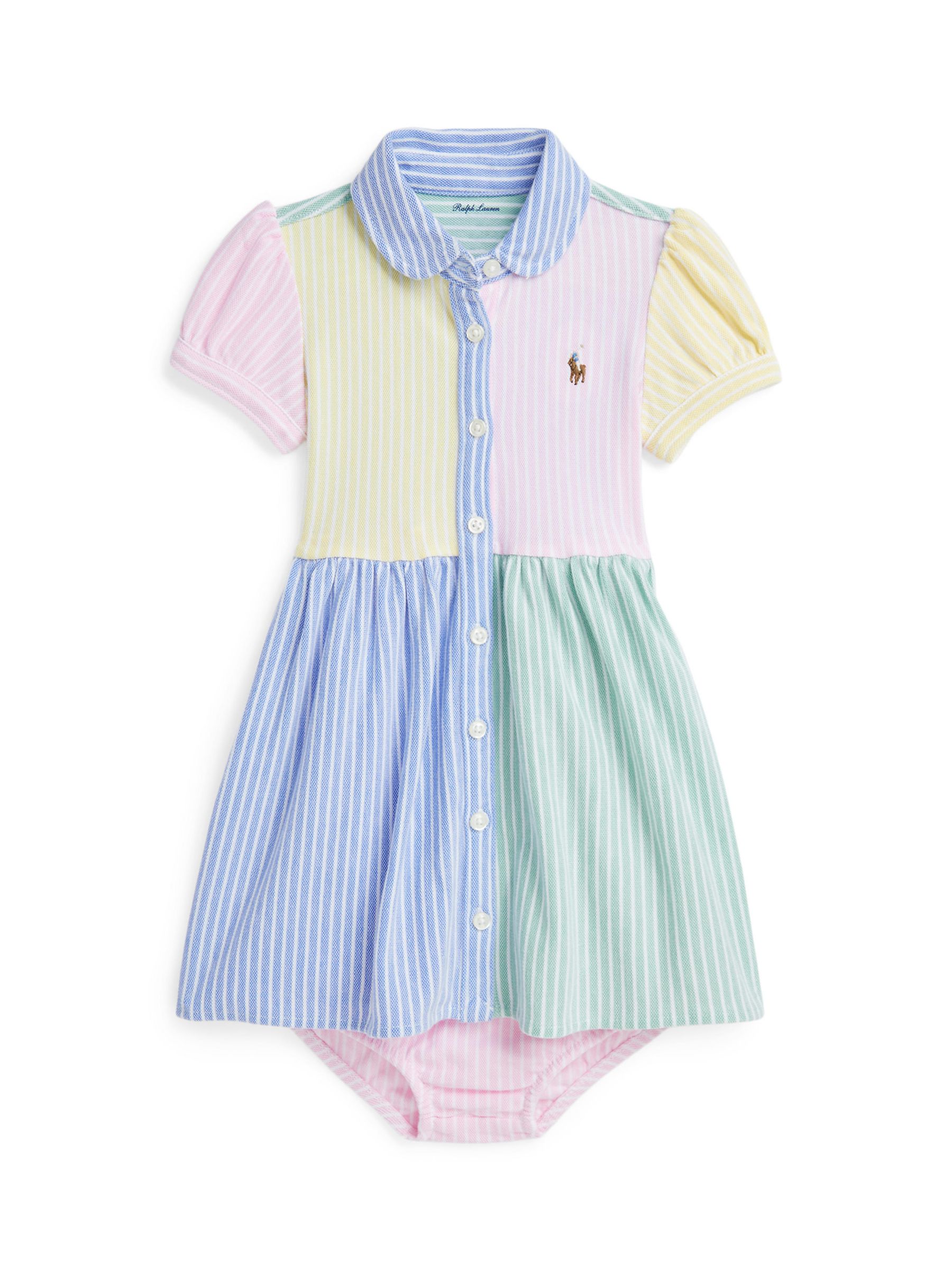 Ralph Lauren Baby Day Colour Block Stripe Shirt Dress & Bloomer Set, Celadon/Multi, 9 months